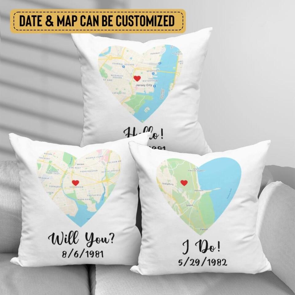 Hello, Will you? I Do - Personalized Canvas Pillow - Custom Map, Date - Gift for Couples