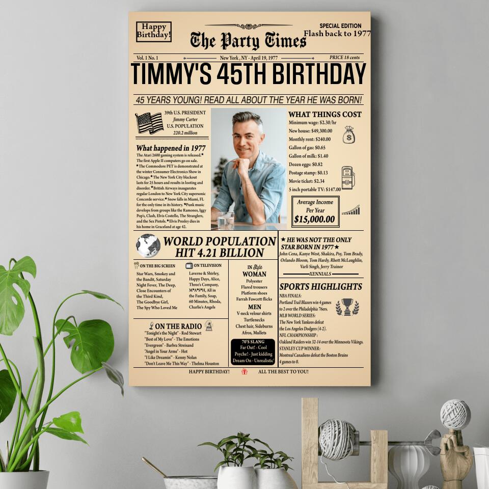 Newspaper 1977 The Party Times Custom Canvas Poster Birthday Gift For Parents