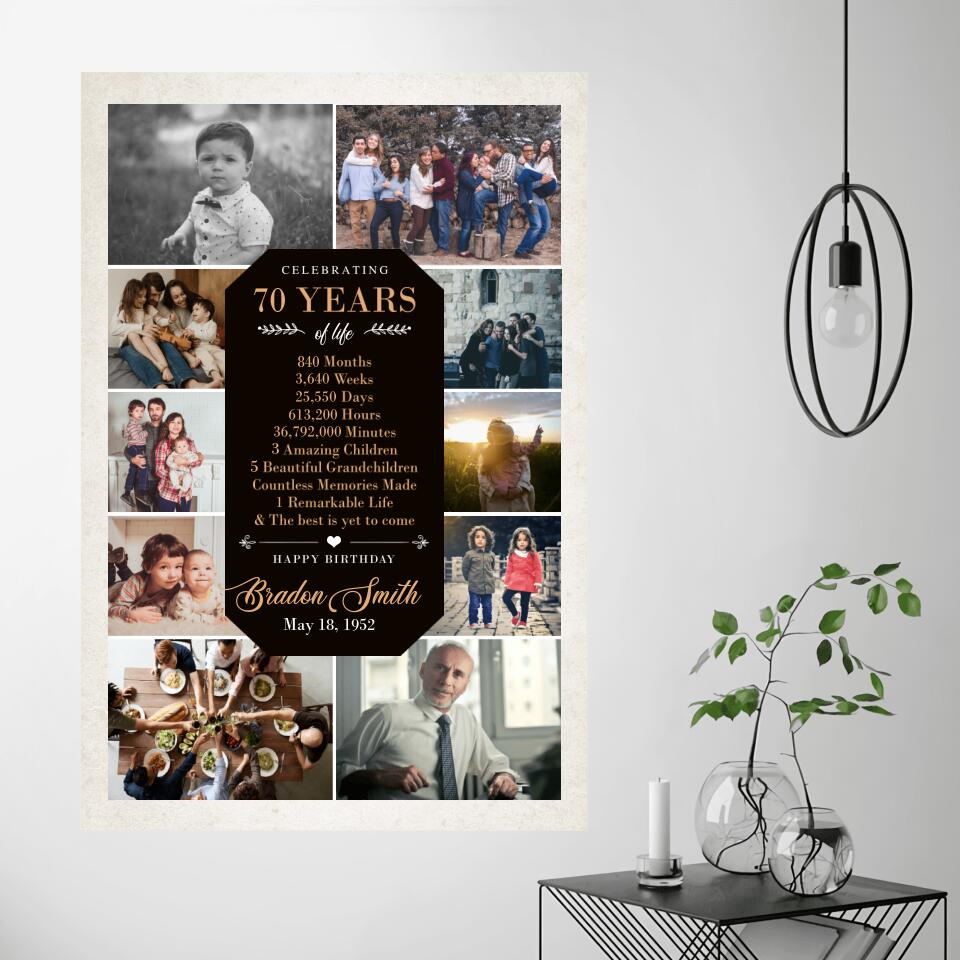 Celebrating 70 Years Of Life Upload Photo Custom Canvas Poster Birthday Gift For Him