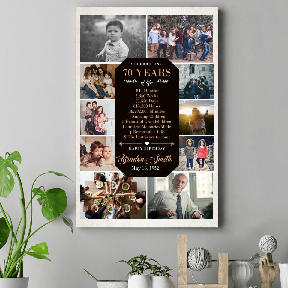 Celebrating 70 Years Of Life Upload Photo Custom Canvas Poster Birthday Gift For Him