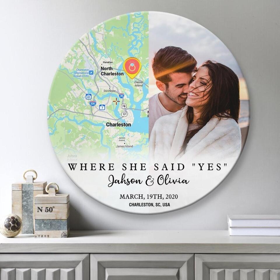 Couple Wooden Sign Where She Say Yes - Personalized Round Wooden Sign