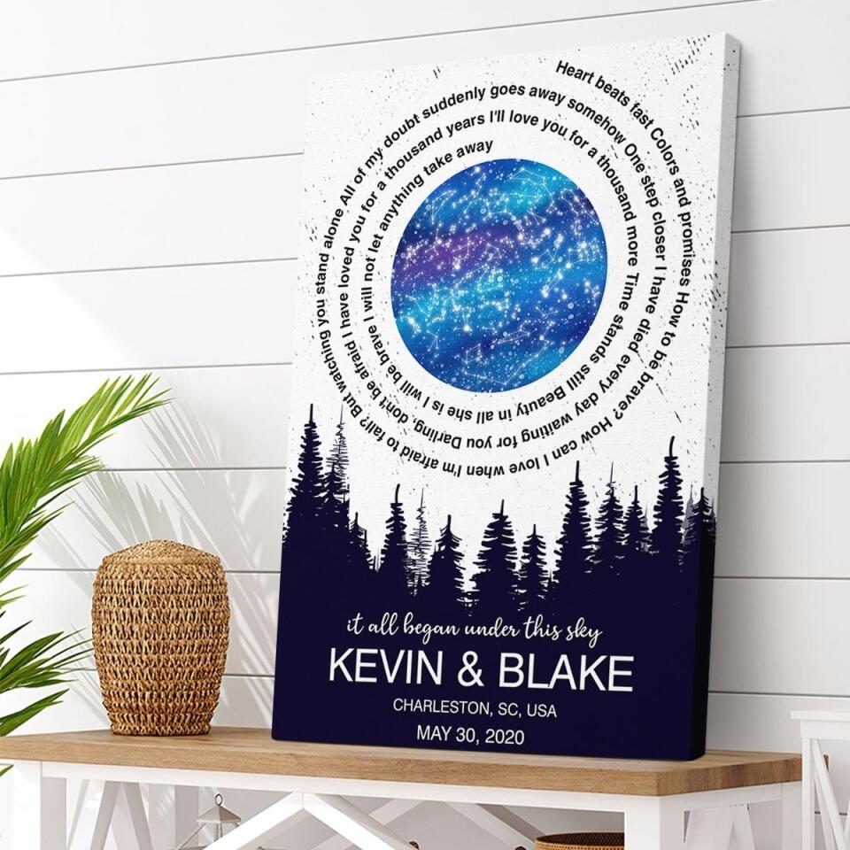 It All Began Under This Sky Favorite Song Lyrics Star Map Custom Canvas Poster Anniversary Gift For Couples