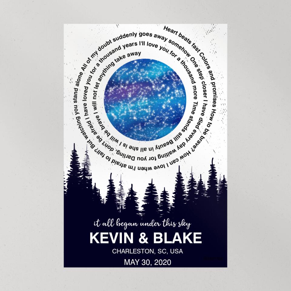 It All Began Under This Sky Favorite Song Lyrics Star Map Custom Canvas Poster Anniversary Gift For Couples
