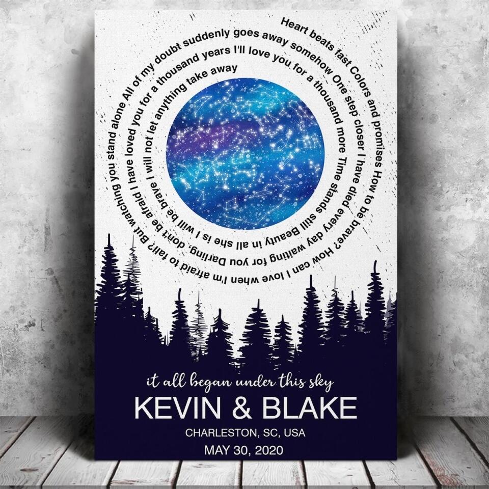 It All Began Under This Sky Favorite Song Lyrics Star Map Custom Canvas Poster Anniversary Gift For Couples
