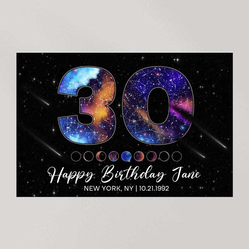 Happy 30th Birthday Custom Star Map Night Sky Canvas Poster Birthday Gift For Him For Her