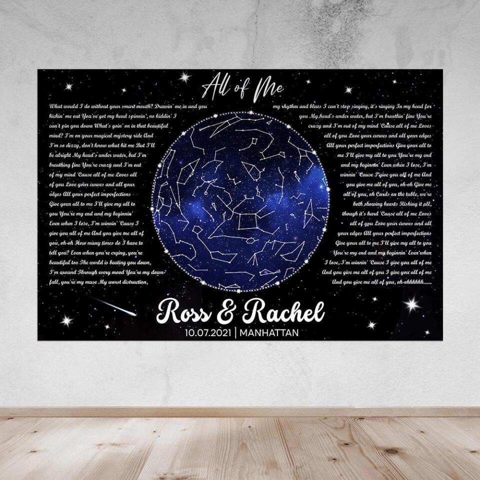 Night Sky Star Map And Song Lyrics Custom Canvas Poster Anniversary Gift For Couples