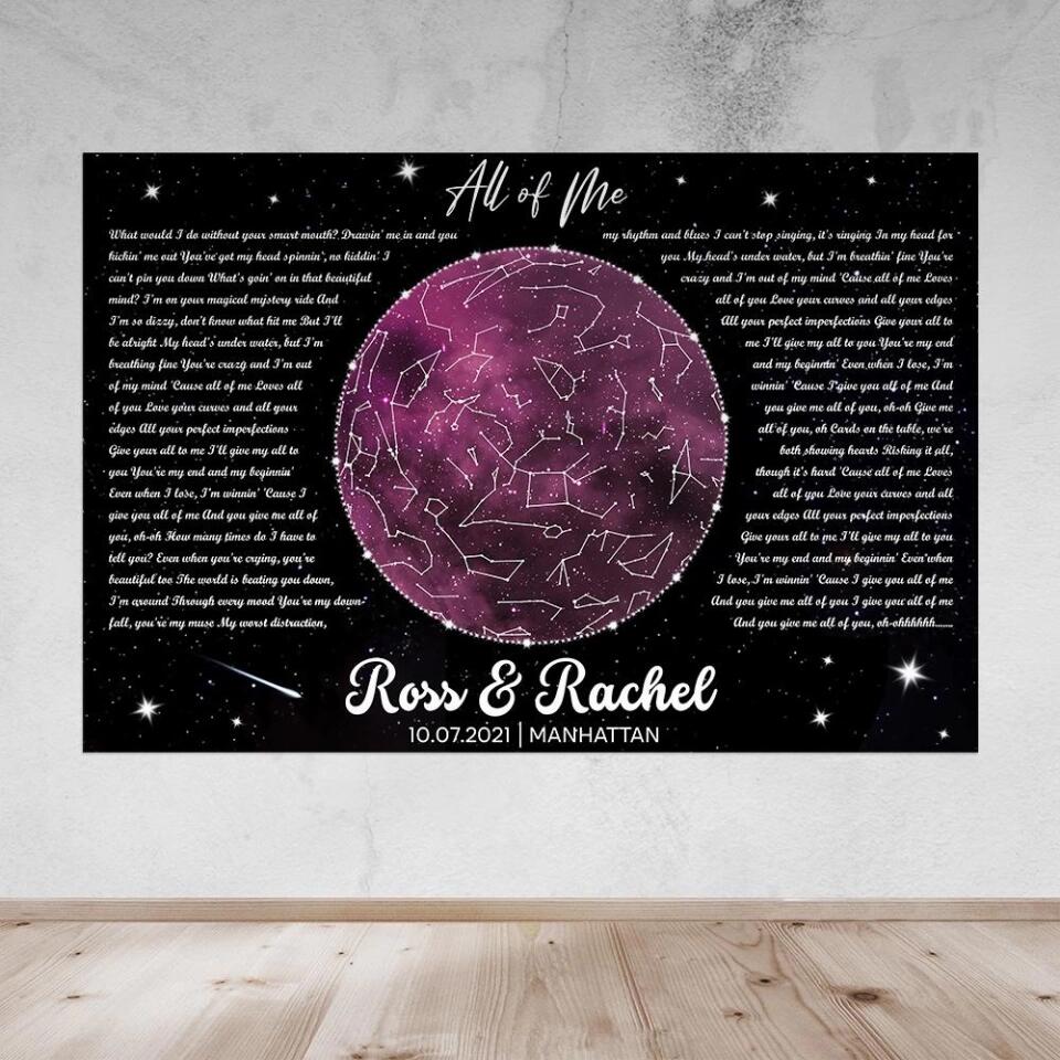 Night Sky Star Map And Song Lyrics Custom Canvas Poster Anniversary Gift For Couples