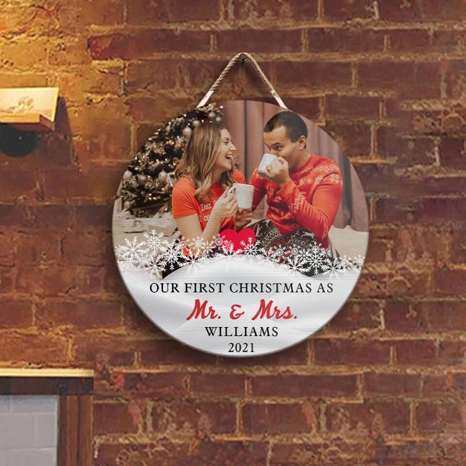 Couple Wooden Sign Our First Christmas Together As Mr Mrs Personalized Round Wood Sign