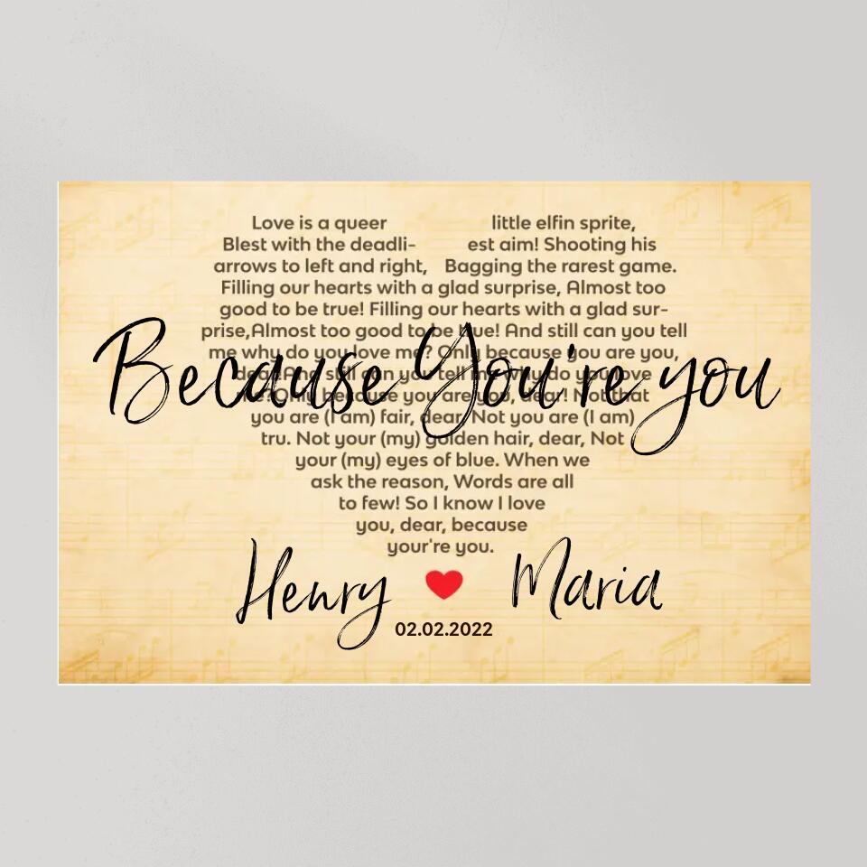Because You're You Favorite Song Lyrics Custom Canvas Poster Anniversary Gift For Wife For Husband
