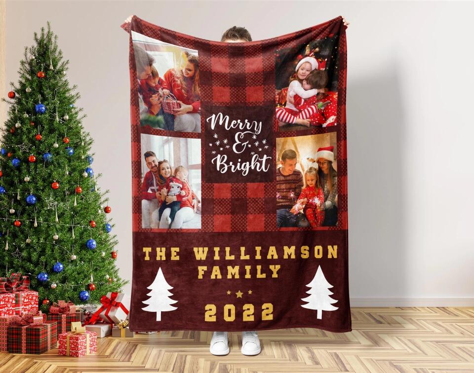 Merry Bright The Family - Personalized Photo Fleece Blanket - Christmas Gifts for Mom Dad Family