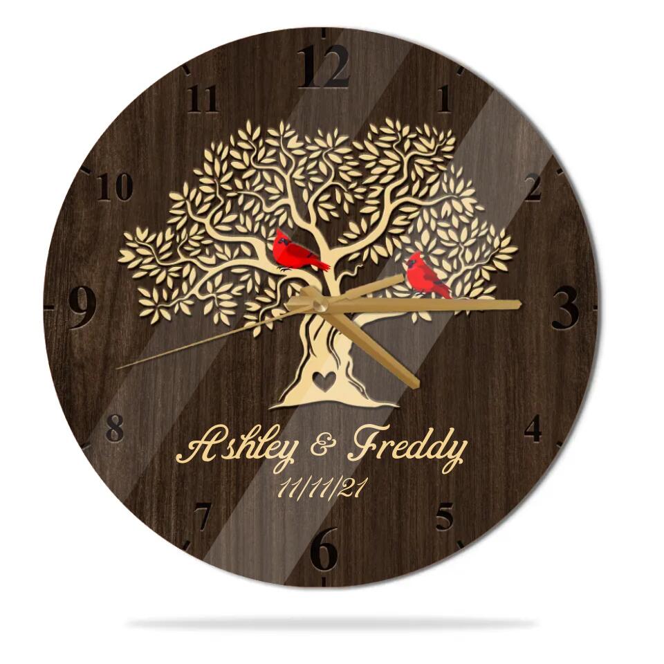 Cardinals On The Tree - Personalized Wooden Wall Clock - Anniversary Gift For Parents/ For Mom, For Her - 210IHNBNWC708