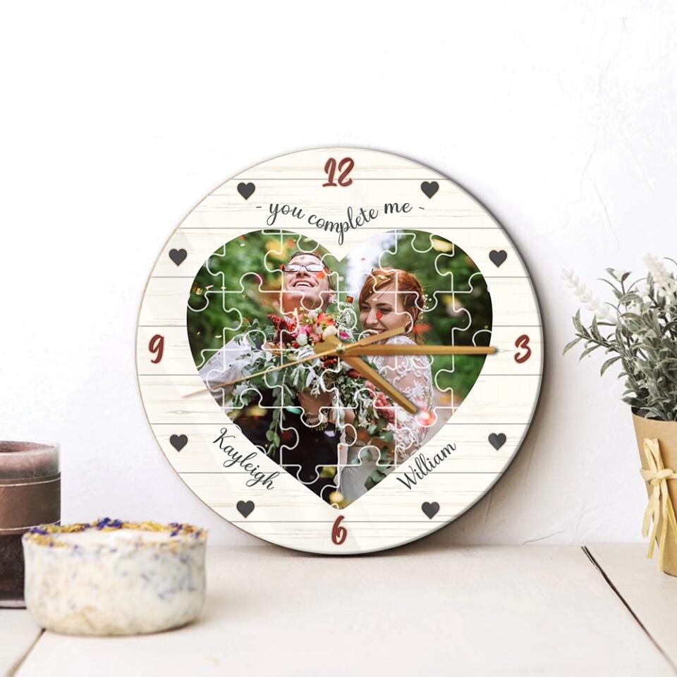 Couple Wooden Sign You Complete Me - Personalized Upload Photo Puzzle Wall Clock - Best Gift For Him, Her