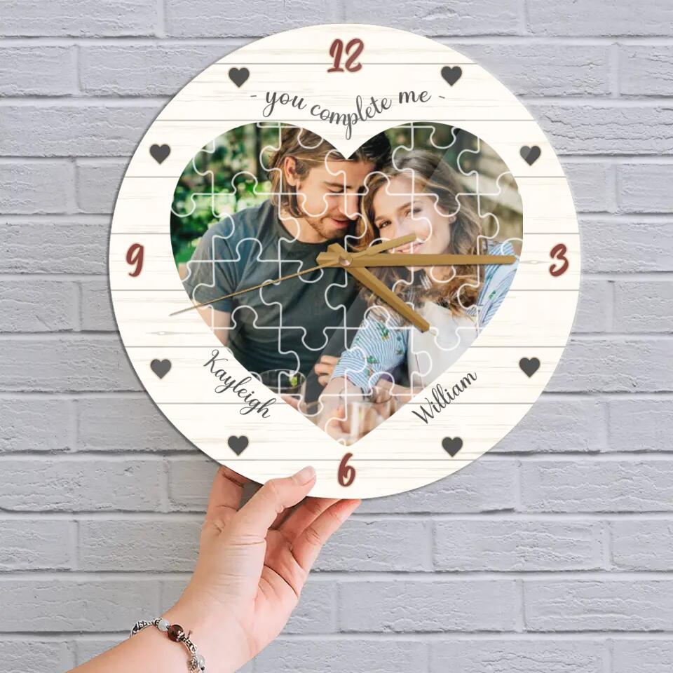 Couple Wooden Sign You Complete Me - Personalized Upload Photo Puzzle Wall Clock - Best Gift For Him, Her