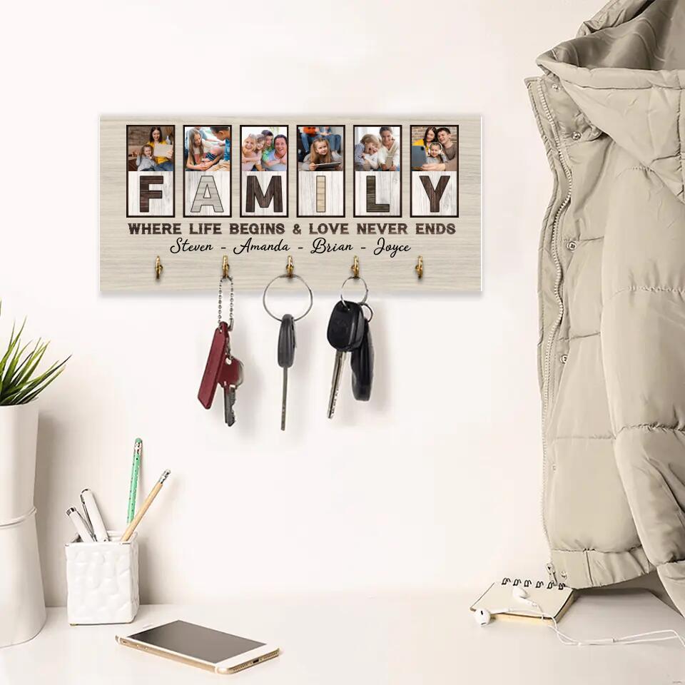 Family Where Life Begins And Love Never Ends, Custom Family Name Wooden Key Holder Hanger, Indoor Home Decor Gift