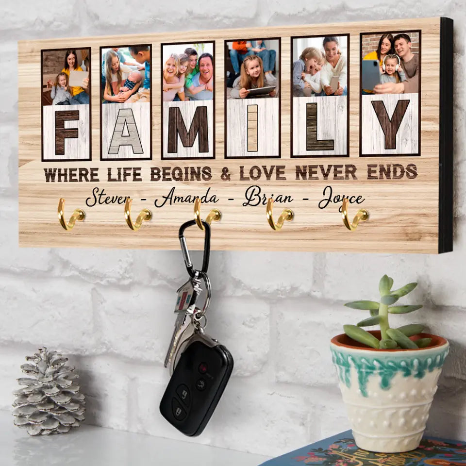 Family Where Life Begins And Love Never Ends, Custom Family Name Wooden Key Holder Hanger, Indoor Home Decor Gift
