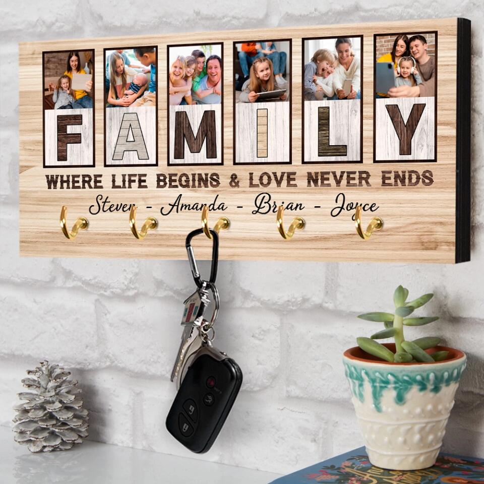 Family Where Life Begins And Love Never Ends, Custom Family Name Wooden Key Holder Hanger, Indoor Home Decor Gift