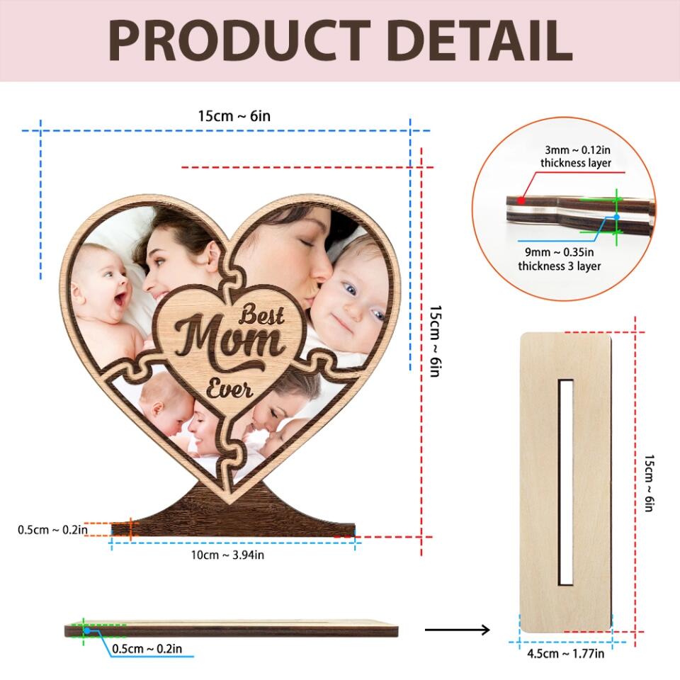 Best Mom Ever, Custom Photo Collage, Heart Shape, Wooden Plaque 3 Layers - Best Gift for Mom On Mother's day Birthday Christmas - 211IHPLNWP507