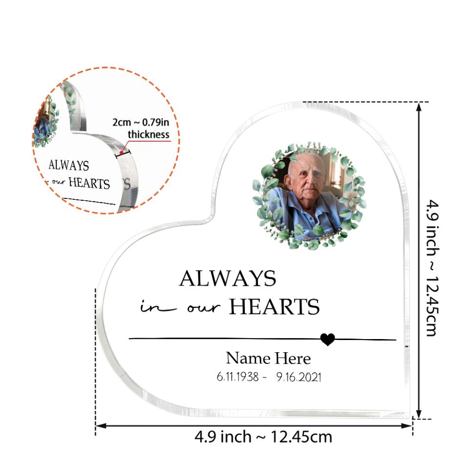 Always In Our Hearts Custom Heart Shaped Acrylic Plaque Memorial Gift