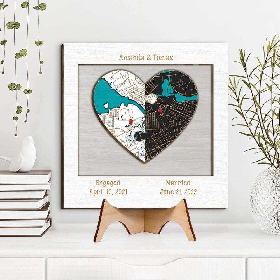 Couple Wooden Sign Two Hearts Two Locations Map Custom Wooden Art Anniversary Gift For Couples