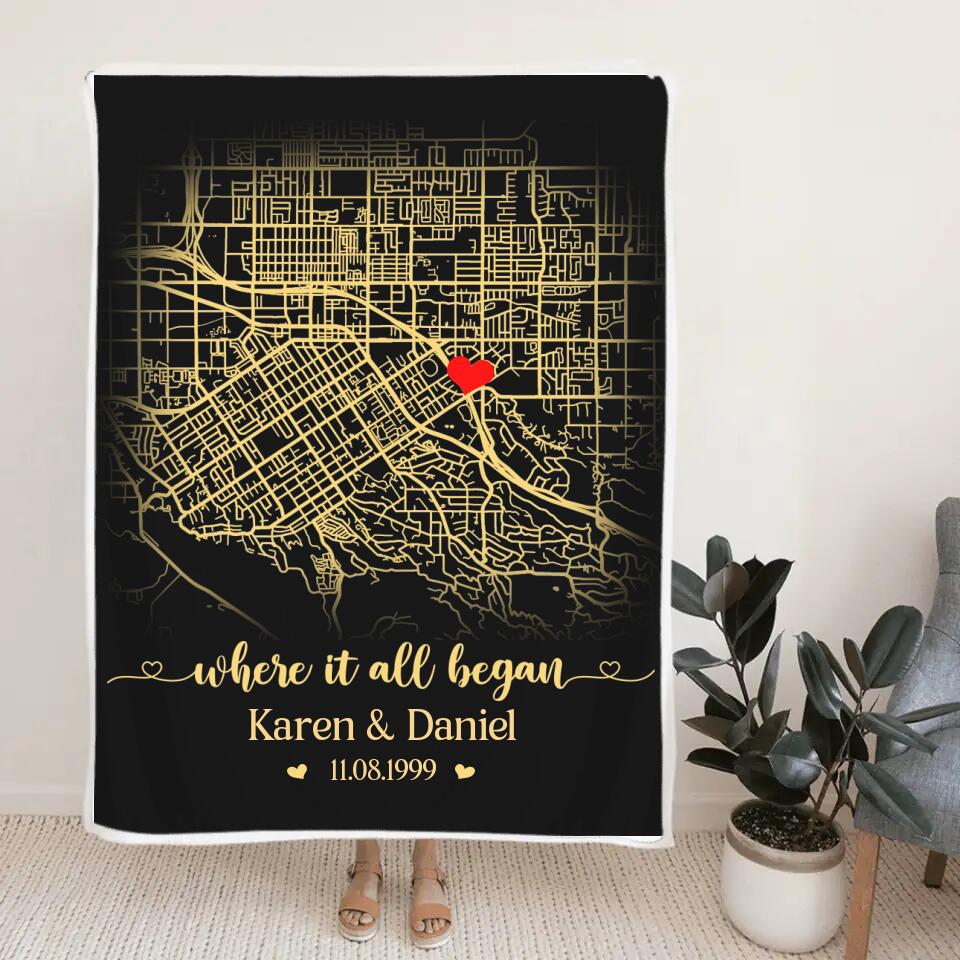 Where It All Began, Personalized Map Print & Names Blanket, Anniversary Gift for Couples