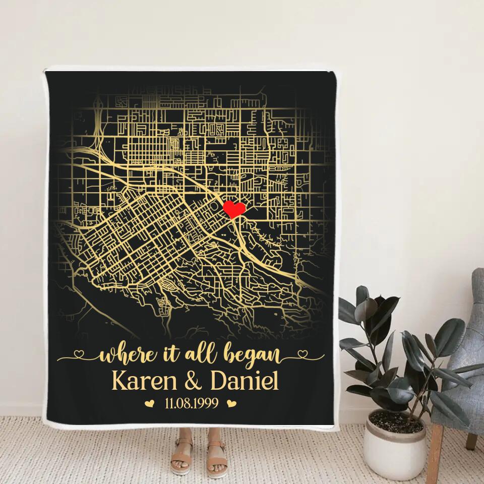 Where It All Began, Personalized Map Print & Names Blanket, Anniversary Gift for Couples