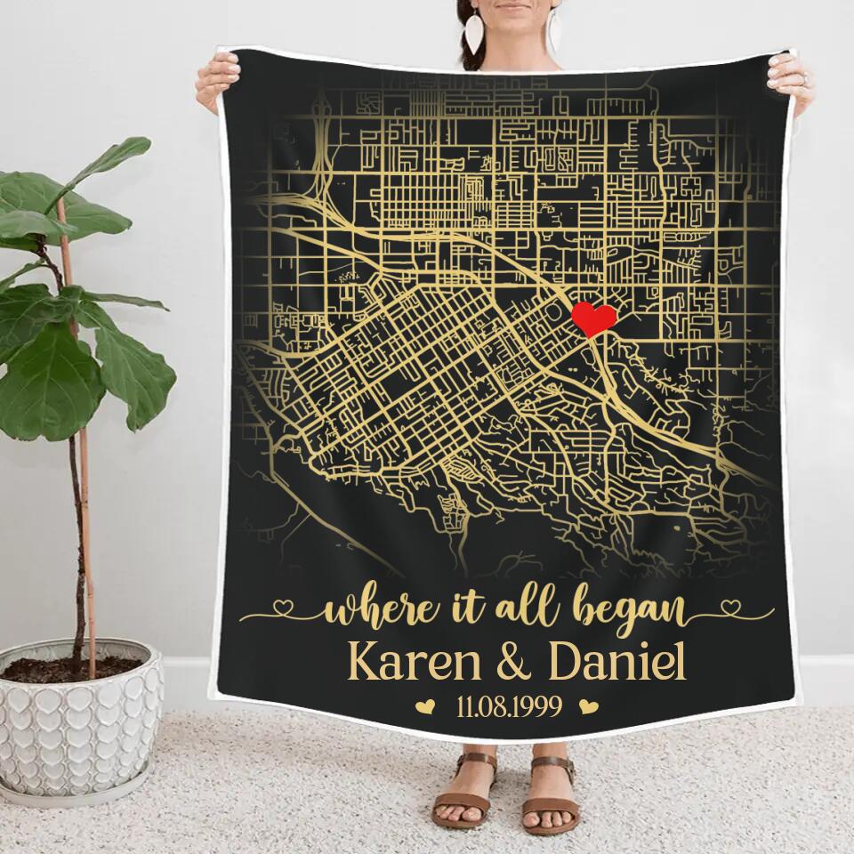 Where It All Began, Personalized Map Print & Names Blanket, Anniversary Gift for Couples
