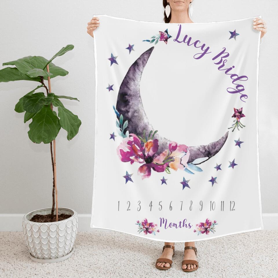 Baby Month Milestone Blanket- Moon and Stars - Celestial - Girl - Personalized Baby Blanket - New Mom Baby Shower Gift - 211IHPLNBL516