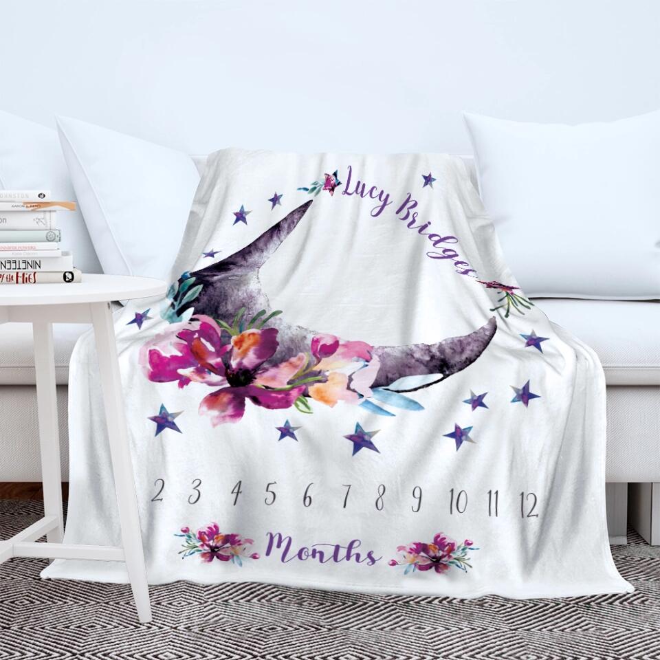 Baby Month Milestone Blanket- Moon and Stars - Celestial - Girl - Personalized Baby Blanket - New Mom Baby Shower Gift - 211IHPLNBL516