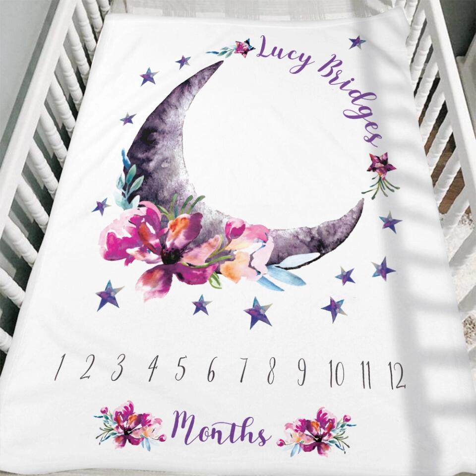 Baby Month Milestone Blanket- Moon and Stars - Celestial - Girl - Personalized Baby Blanket - New Mom Baby Shower Gift - 211IHPLNBL516