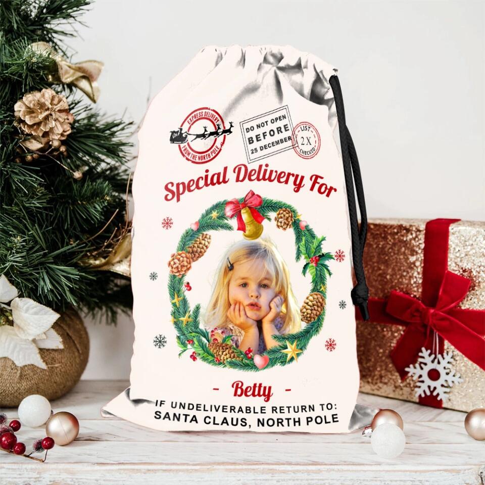 Christmas Santa Sack With Photo and Wreath - Personalized Sack