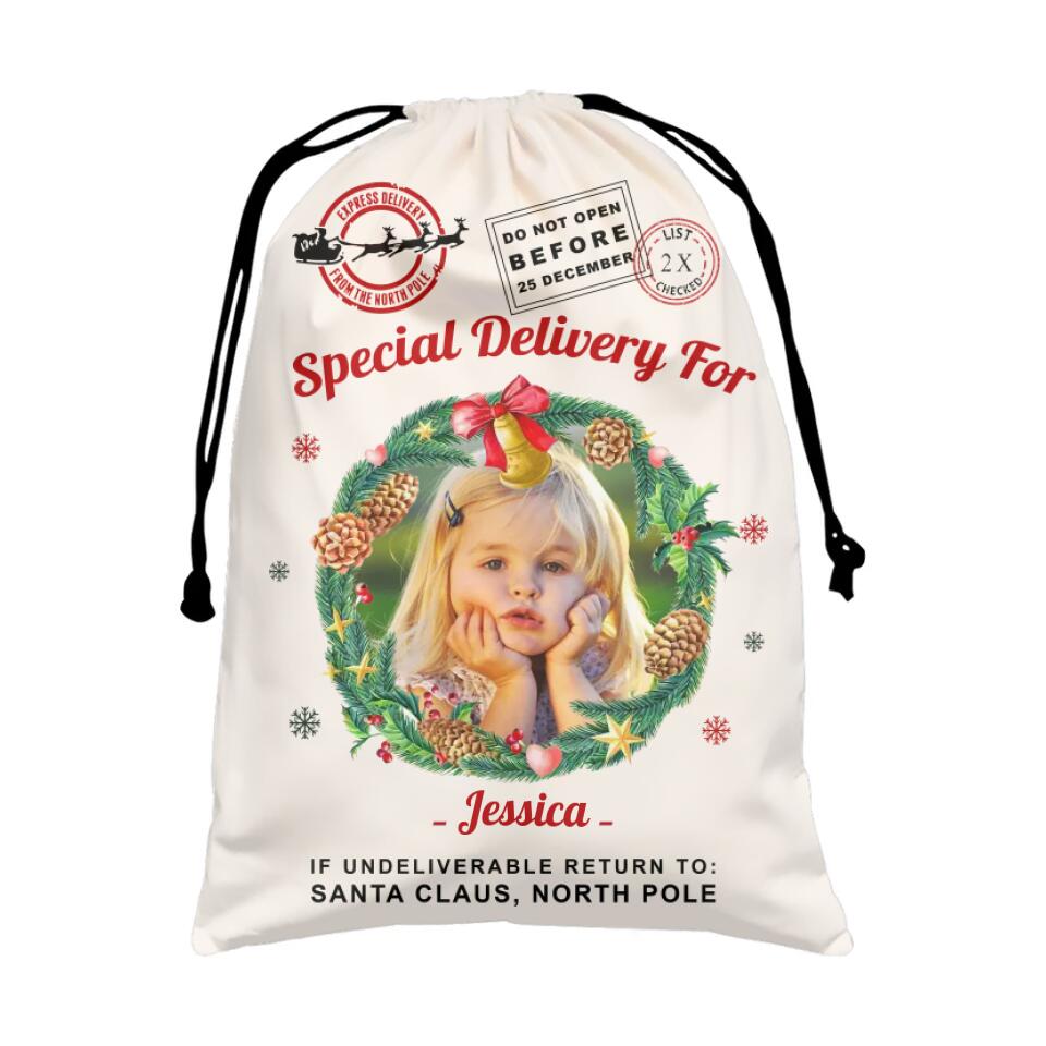 Christmas Santa Sack With Photo and Wreath - Personalized Sack