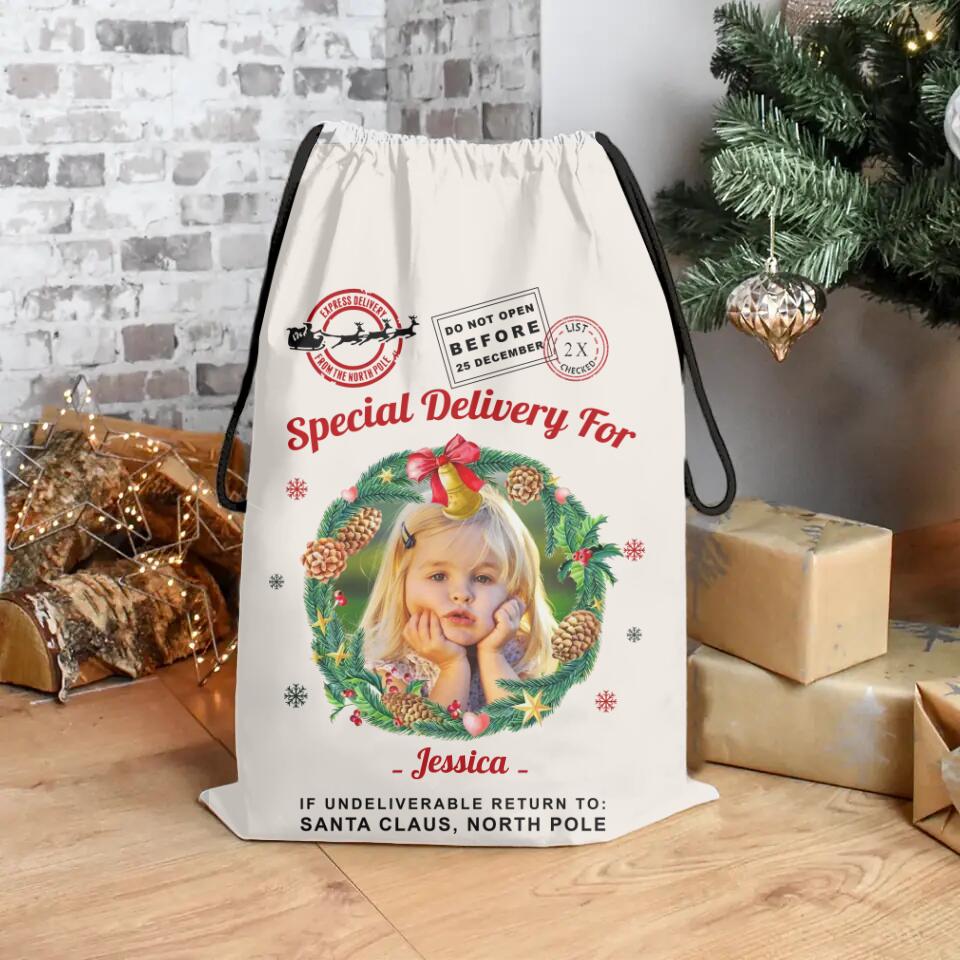 Christmas Santa Sack With Photo and Wreath - Personalized Sack