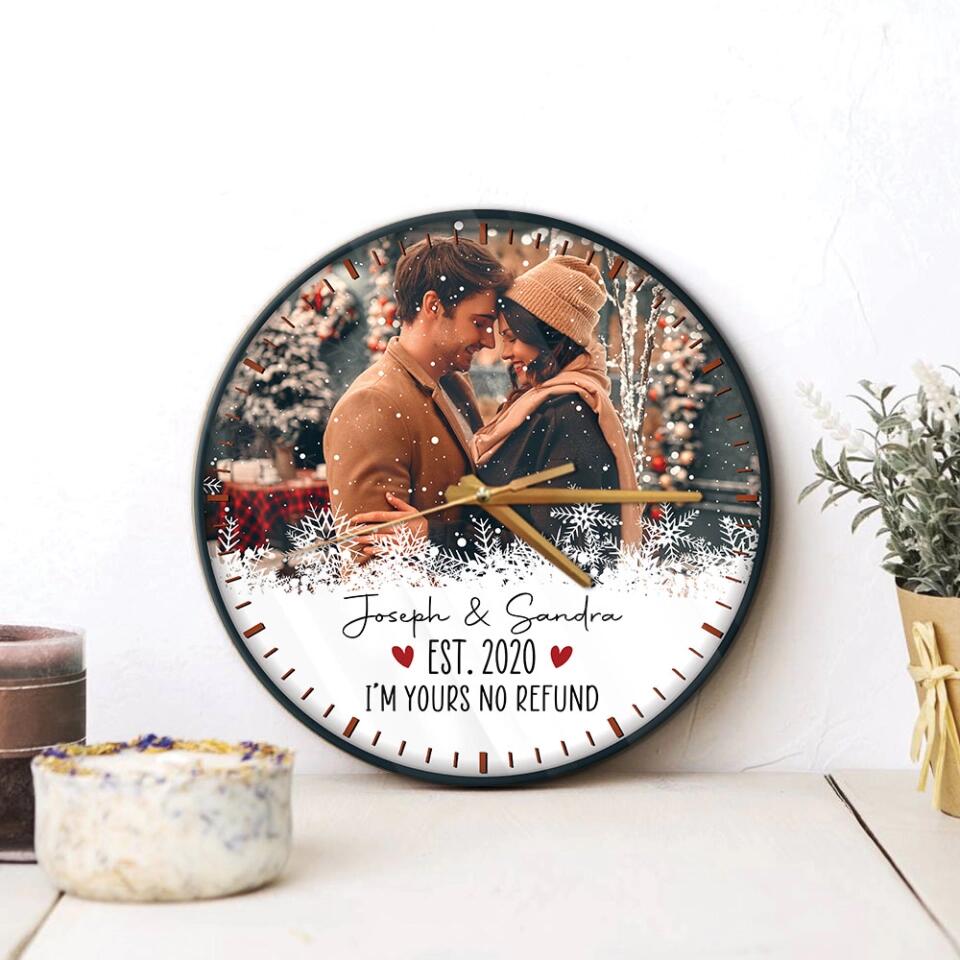 Couple Wooden Sign I'm Yours, No Refund - Personalized Christmas Wall Clock Home Decor - Gift for Him Her Wife Husband Couples