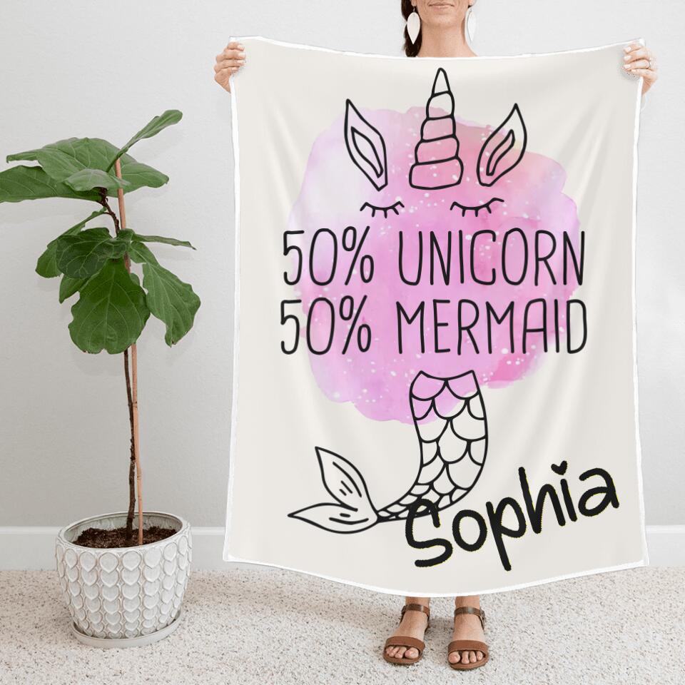 50% Unicorn 50% Mermaid - Personalized Name - Custom Nickname - Blanket - Fleece Blanket - Best Gift for Girl Baby Kid - Christmas Gift for Daughter Niece Sister - 211ICNNPBL267