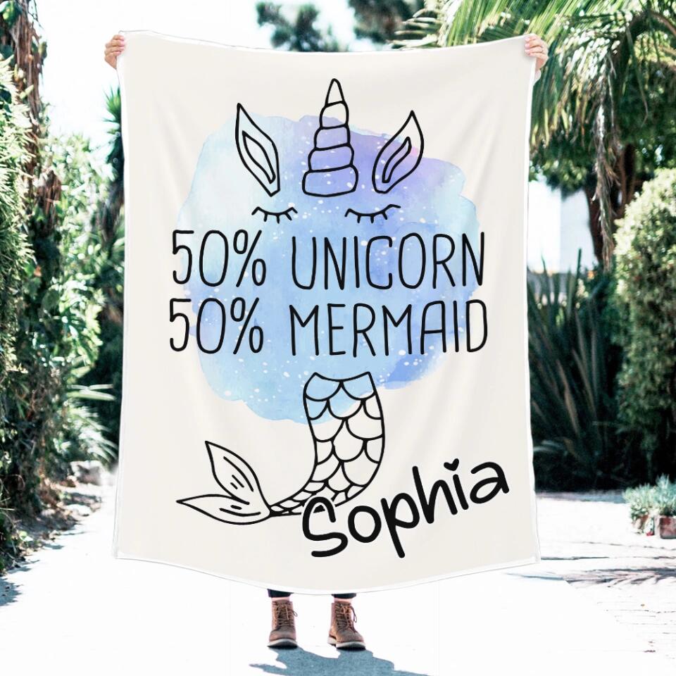 50% Unicorn 50% Mermaid - Personalized Name - Custom Nickname - Blanket - Fleece Blanket - Best Gift for Girl Baby Kid - Christmas Gift for Daughter Niece Sister - 211ICNNPBL267