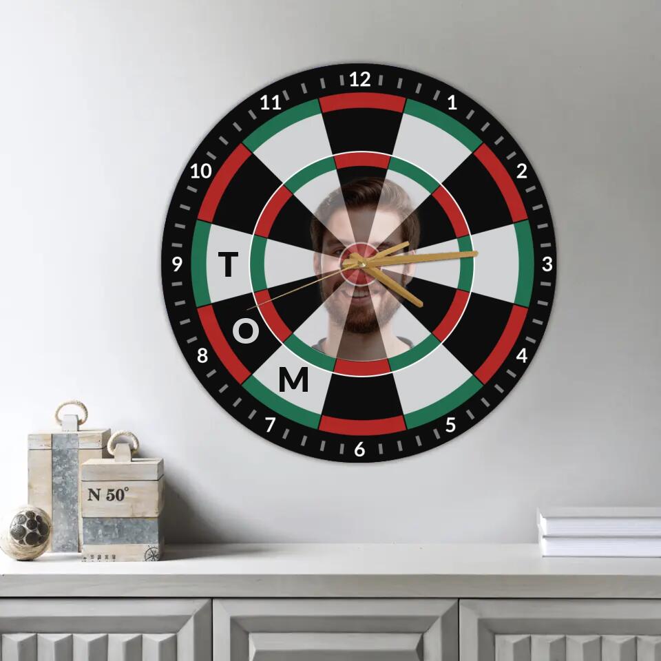 Personalized Photo And Name - Customized Dart Board Wall Clock - Funny Game Room Decor - Gift for Dart Board Lover - 210ICNNPWC047