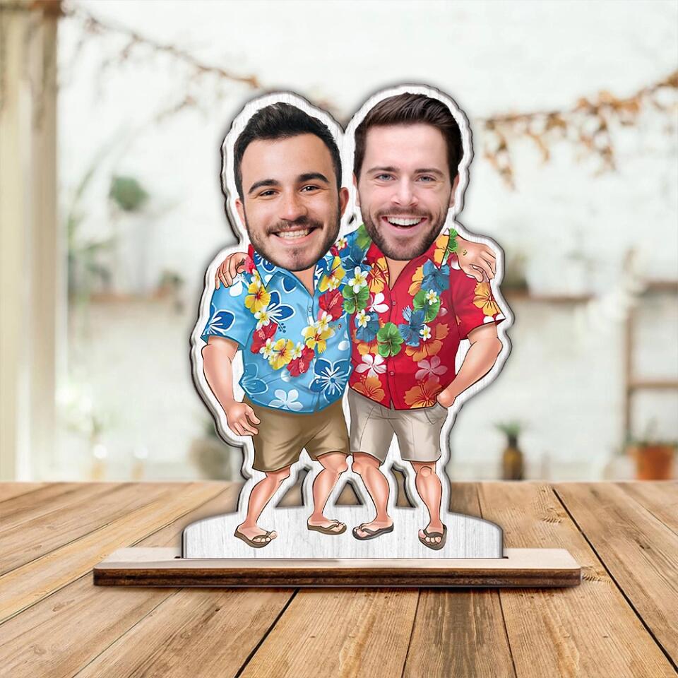 Men in Hawaii Outfit - Personalized Faces - Custom Upload Photo - Wooden Plaque - Desk Table Decorations - Christmas Valentine Gift for Him - for Husband - Wedding Dating Anniversary Gifts - for BFF - 212ICNNPWP337