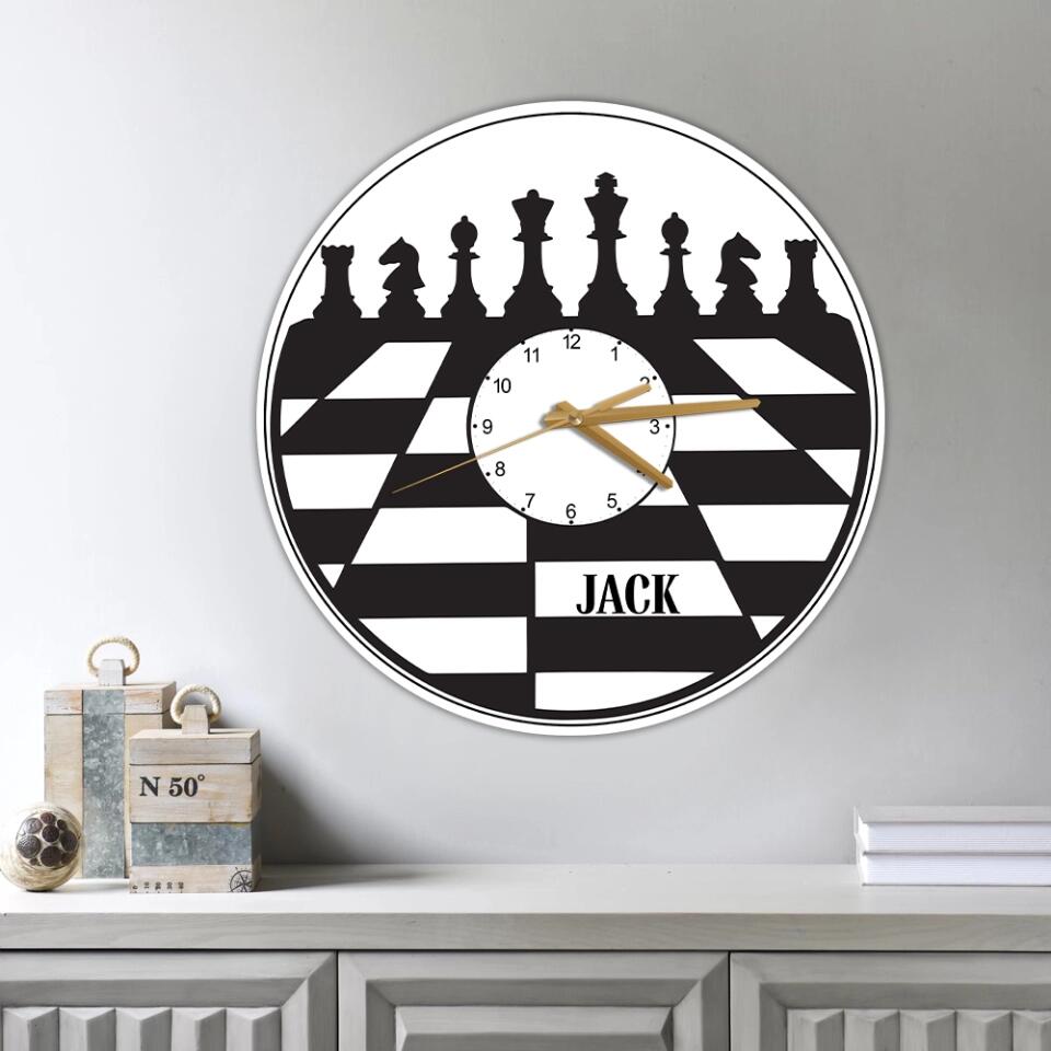 CHESS BOARD - Personalized Wall Clock with Name - Wall Hanging Decor - Gift for Chess Lovers