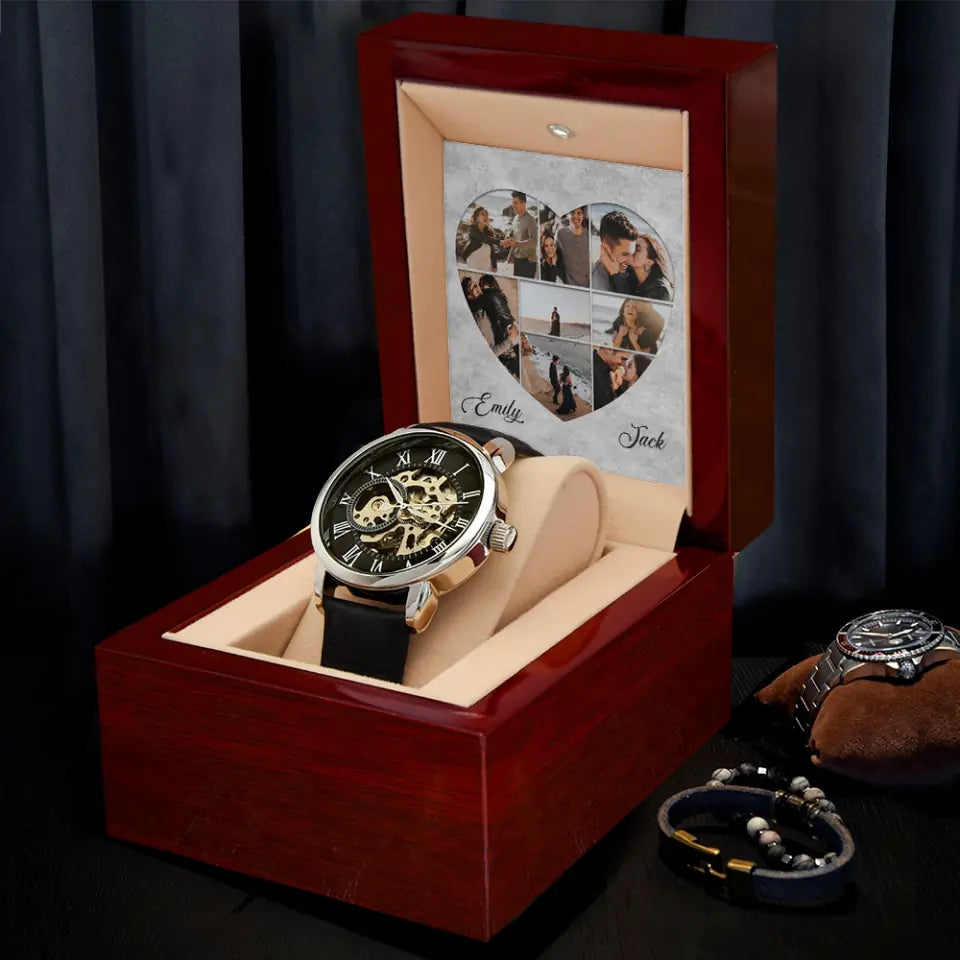 Custom Photo Collage Heart Shape - Personalized Men's Luxury Men Watch