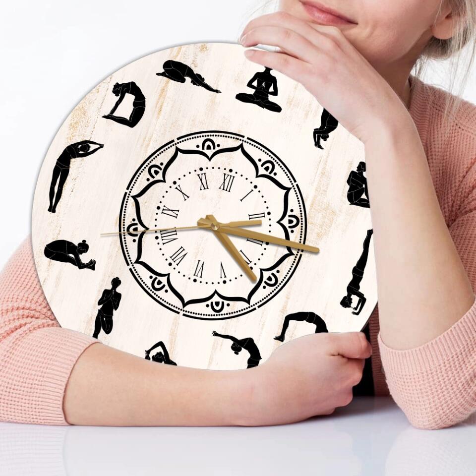 YOGA Wood Wall Clock, Yoga Studio Decor For Wall, Home Kitchen Bedroom Yoga Wall Art, Meditation Wall Art Gifts For Woman Men - 212IHNBNWC955