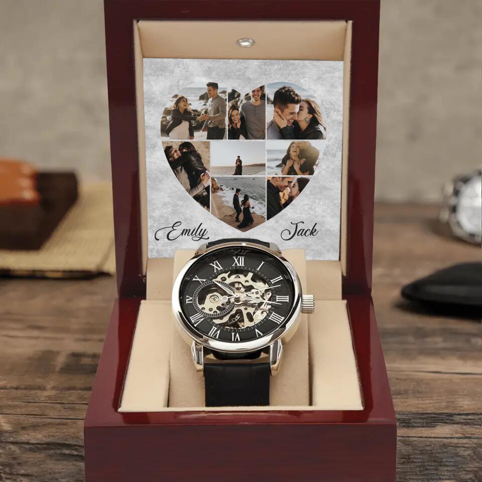 Custom Photo Collage Heart Shape - Personalized Men's Luxury Men Watch