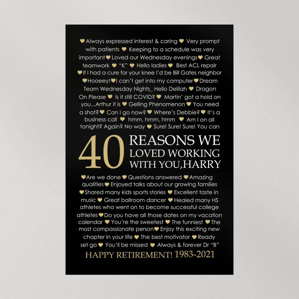 40 Reasons We Loved Working With You Custom Canvas Poster Retirement Gift For Coworkers