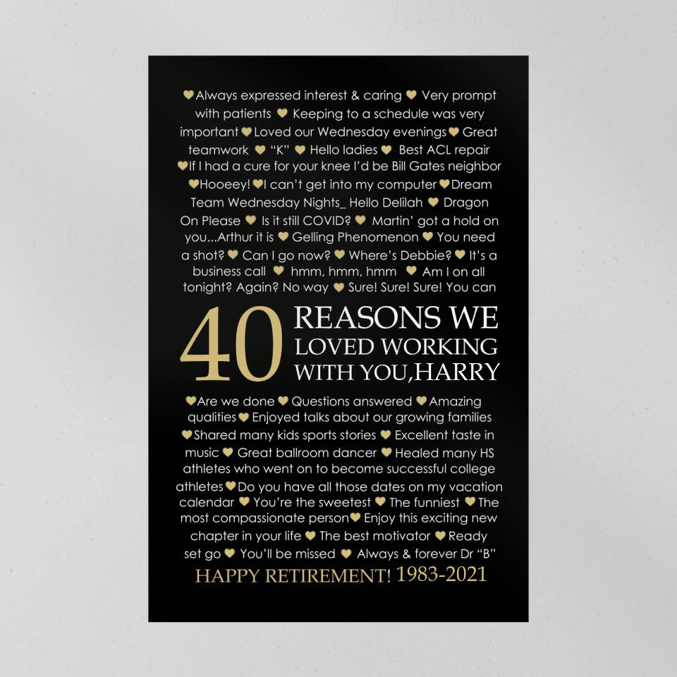 40 Reasons We Loved Working With You Custom Canvas Poster Retirement Gift For Coworkers