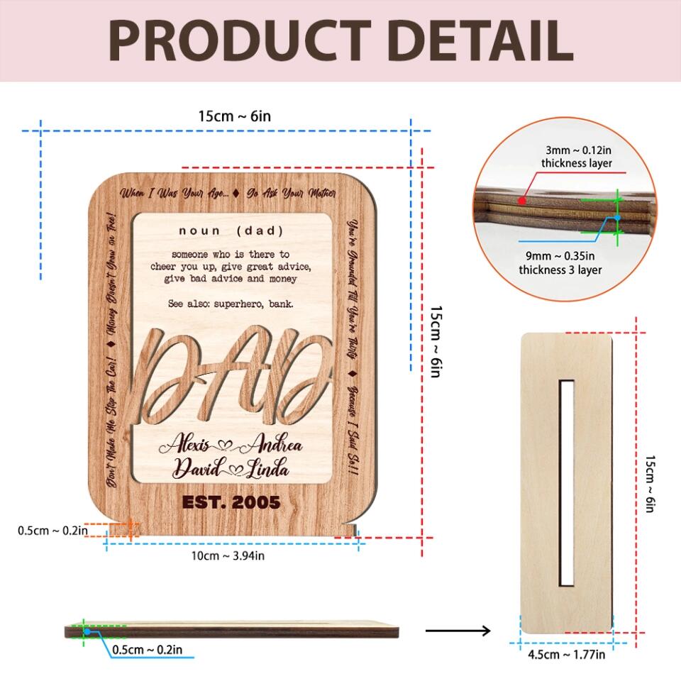 Dad Definition - Someone Who is There to Cheer You Up Give Great Advice Give Bad Advice and Money - Dad Est. Year - Personalized Name - Custom Wooden Plaque - Father's Day Gift - Birthday Gift for Daddy from Daughter Son - 301ICNLNWP055