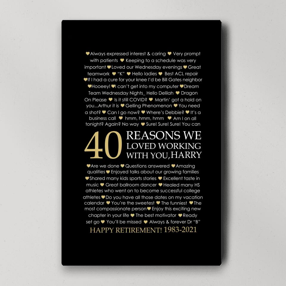 40 Reasons We Loved Working With You Custom Canvas Poster Retirement Gift For Coworkers