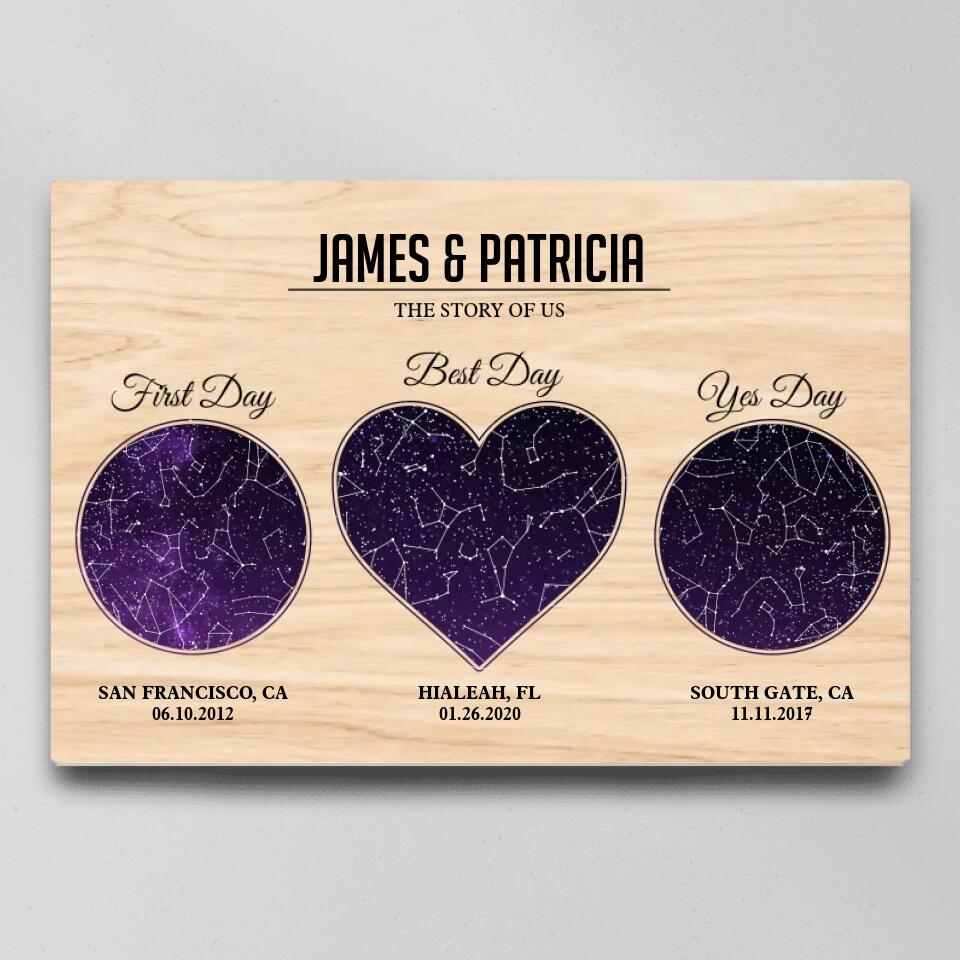 The Story Of Us First Day Best Day And Yes Day - Custom Star Map Canvas Poster - Anniversary Gift For Couples