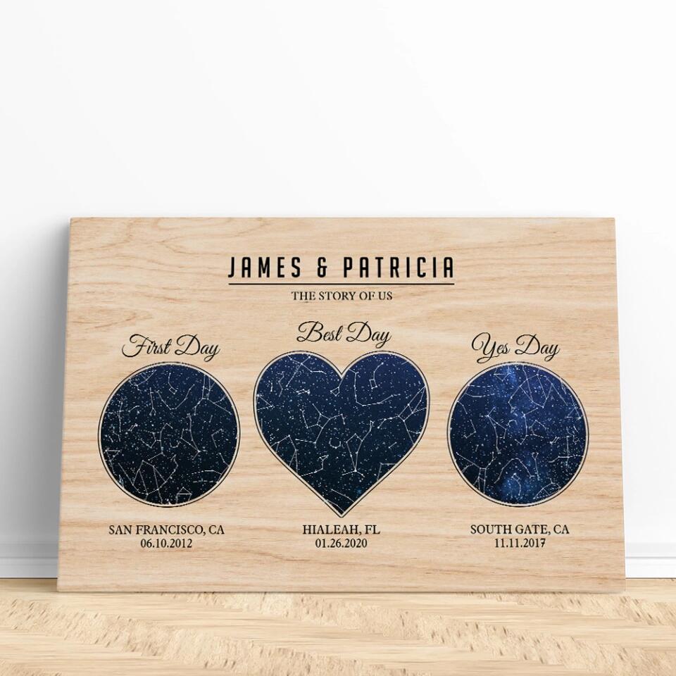 The Story Of Us First Day Best Day And Yes Day - Custom Star Map Canvas Poster - Anniversary Gift For Couples
