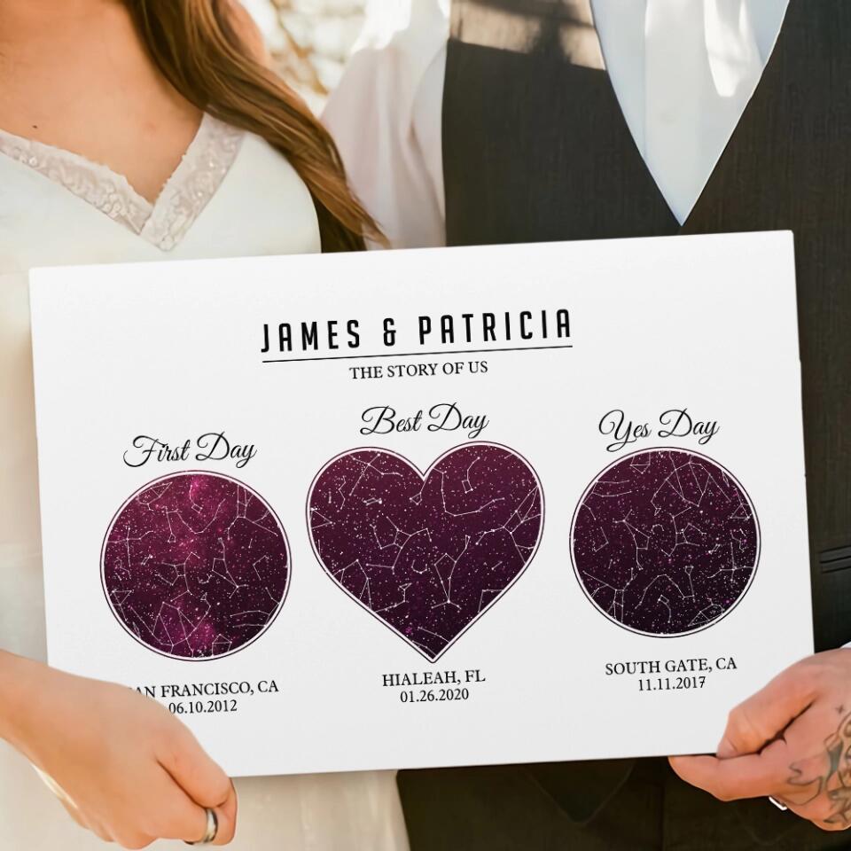 The Story Of Us First Day Best Day And Yes Day - Custom Star Map Canvas Poster - Anniversary Gift For Couples