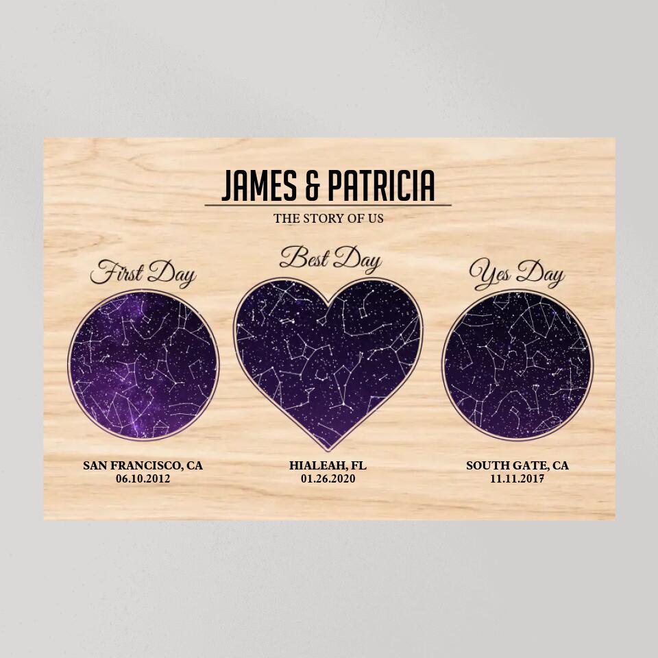 The Story Of Us First Day Best Day And Yes Day - Custom Star Map Canvas Poster - Anniversary Gift For Couples