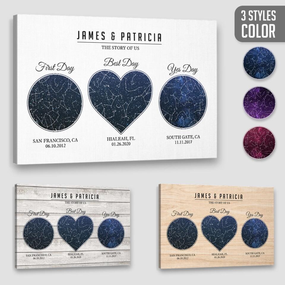 The Story Of Us First Day Best Day And Yes Day - Custom Star Map Canvas Poster - Anniversary Gift For Couples